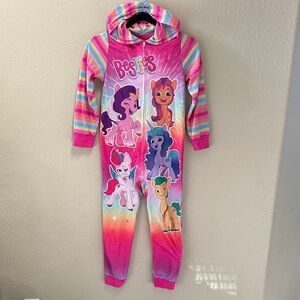 My Little Pony Pink Hooded Fleece Zip Up One Piece Pajama Size M (8)